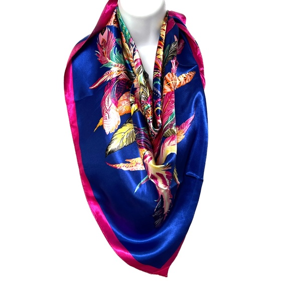 M.O.S.I. Scarf Bright Feathers Peacock Crown Pink Blue 34" Square Silky MOSI - Picture 2 of 5